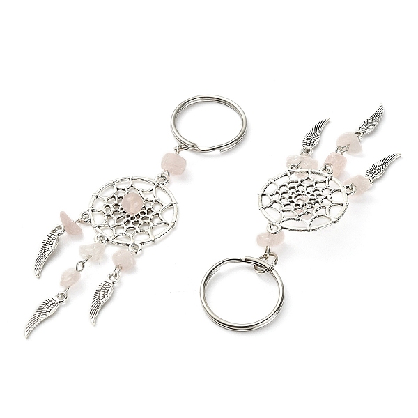 

PandaHall Natural Chip Rose Quartz Keychain, with Tibetan Style Pendants and 316 Surgical Stainless Steel Key Ring, Woven Net/Web with...