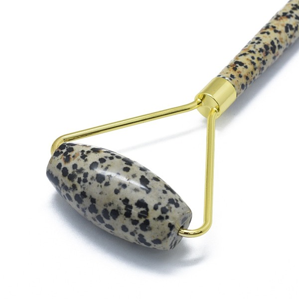 

PandaHall Natural Dalmatian Jasper Brass Face Massager, Facial Rollers, Golden, 140.5x62.5x25mm Dalmatian Jasper Others