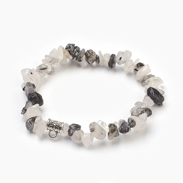 

PandaHall Natural Tourmalinated Quartz/Black Rutilated Quartz Beads Stretch Bracelets, with Alloy Findings, Chip, 1-3/4 inch(4.5cm)...