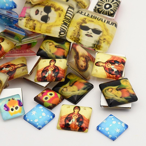 

PandaHall Mixed Style Photo Pattern Glass Cabochons, Square, Mixed Color, 15~33x15~30x5~7.5mm Glass Square Multicolor