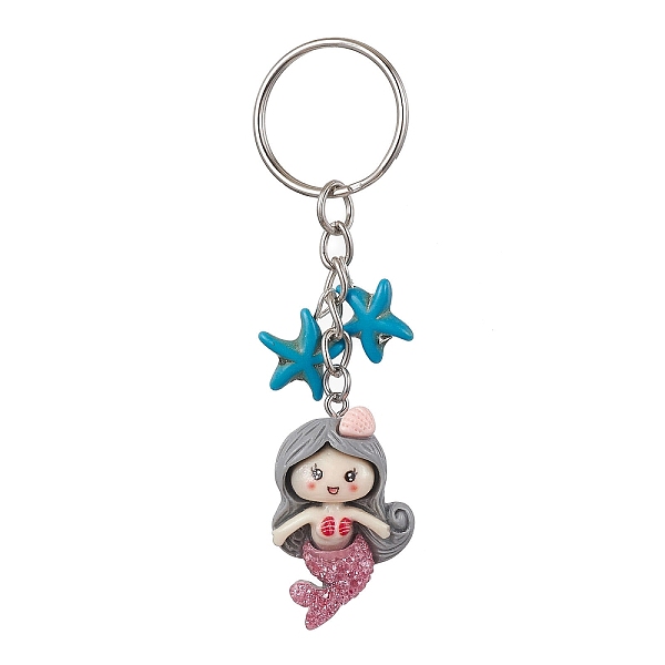 PandaHall Mermaid Opaque Resin Pendant Keychain, with Starfish Synthetic Turquoise and Iron Split Key Rings, Light Grey, 9.2cm Resin Mermaid