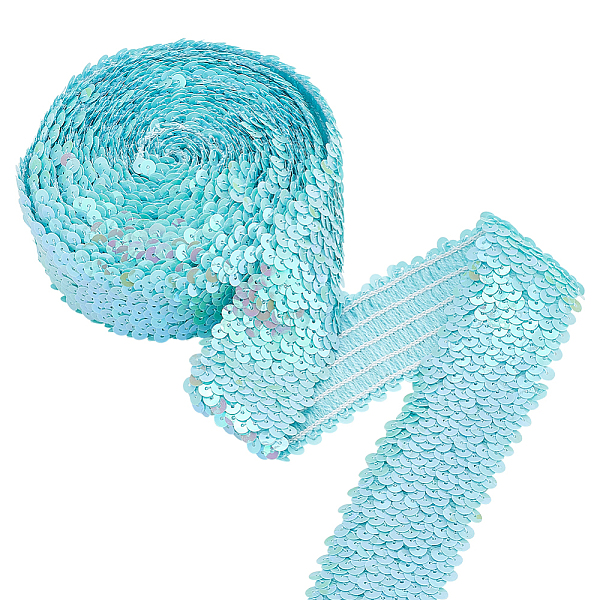 

PandaHall Iridescent 5-Row Plastic Paillette/Sequin Elastic Trim, Sewing Craft Decoration, Flat Round, Turquoise, 48mm, 5 yards(about..., Green