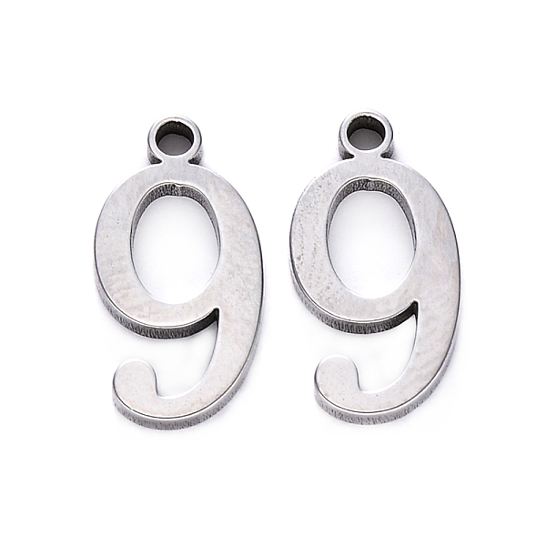 

PandaHall 201 Stainless Steel Charms, Number, Laser Cut, Stainless Steel Color, Num.9, 15x8x1.5mm, Hole: 1.5mm 201 Stainless Steel Number