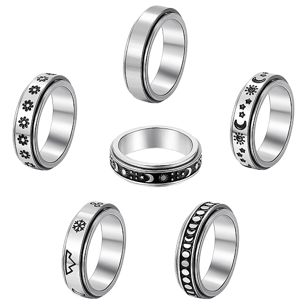 PandaHall 6Pcs 6 Style 203 Stainless Steel Rotating Spinner Fidget Band Rings for Anxiety Stress Relief, Stainless Steel Color, Mixed...