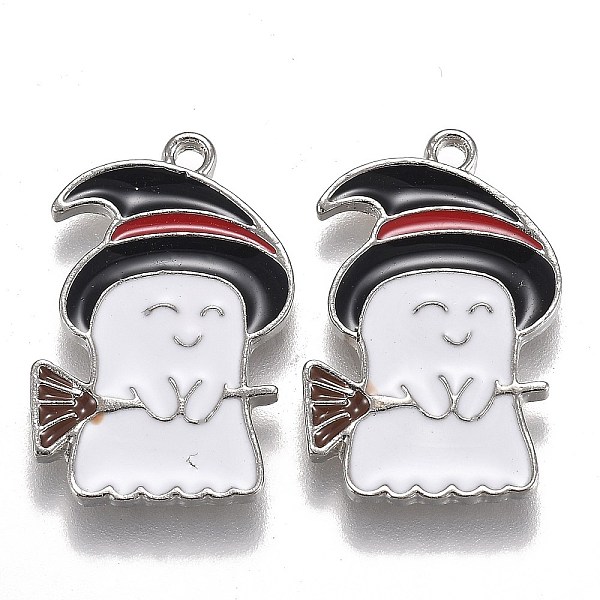 

PandaHall Halloween Theme Alloy Enamel Pendants, White Ghost with Black Witch Hat and Broom, Platinum, 22.5x14.5x1.5mm, Hole: 1.6mm...