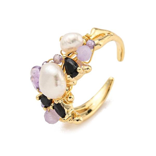 

PandaHall Brass Open Cuff Rings, with Amethyst, Pearl, Jewely for Women, Flower, Real 14K Gold Plated, Inner Diameter: 18mm Amethyst Flower