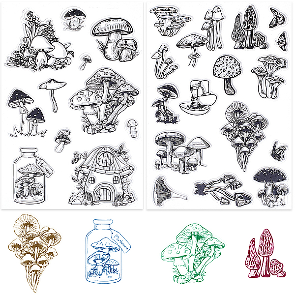 

PandaHall CRASPIRE 2 Styles Mushroom Clear Stamps Mushroom House Reusable Background Postmark Transparent Silicone Stamp Seals for...