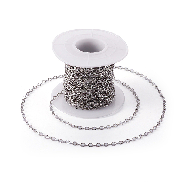 

PandaHall 304 Stainless Steel Textured Cable Chains, Soldered, with Spool, Knurling, Stainless Steel Color, 3.5x2.5x0.4mm, about 32.8 Feet...