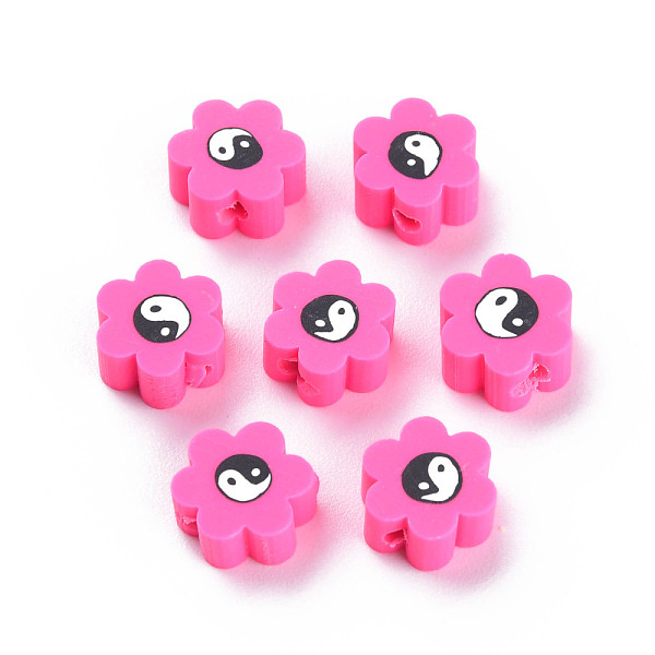 PandaHall Handmade Polymer Clay Beads, for DIY Jewelry Crafts Supplies, Flower with Yinyang, Deep Pink, 8~9x7.5~8.5x4~4.5mm, Hole: 1.6~1.8mm...