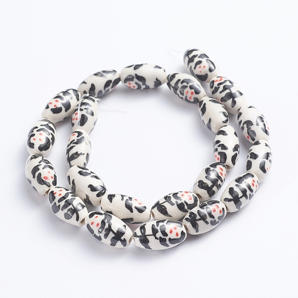 

PandaHall Handmade Printed Porcelain Beads, Oval, Floral Pattern, 14~16x8~9mm, Hole: 1.5~2mm, about 23pcs/Strand, 13.5 inch(34cm) Porcelain..., Black