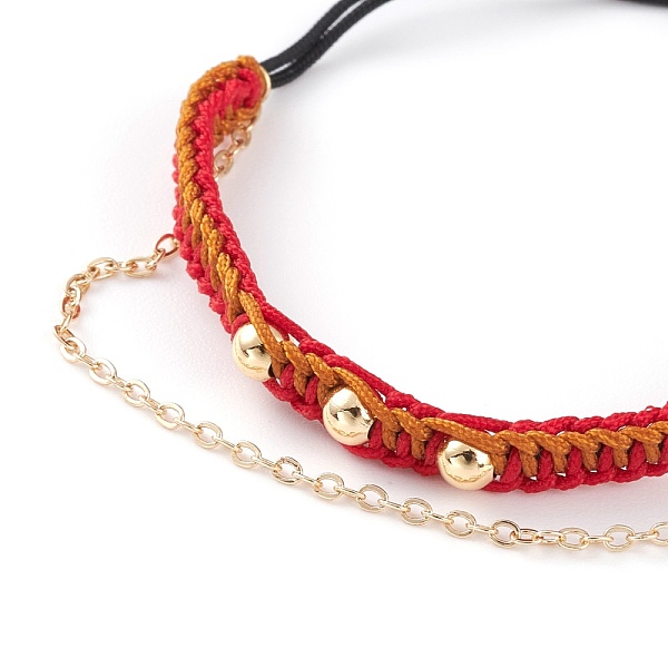 

PandaHall Adjustable Nylon Thread Braided Bead Bracelets, Multi-strand Bracelets, with Golden Plated Brass Round Beads and Cable Chains, Red...
