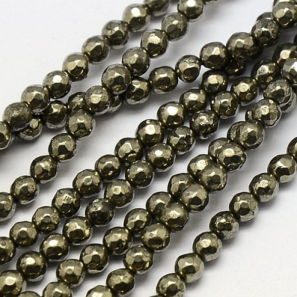 

PandaHall Natural Pyrite Beads Strands, Round, Faceted, 4mm, Hole: 0.5mm, about 104pcs/strand, 15.35 inch Pyrite Round Yellow