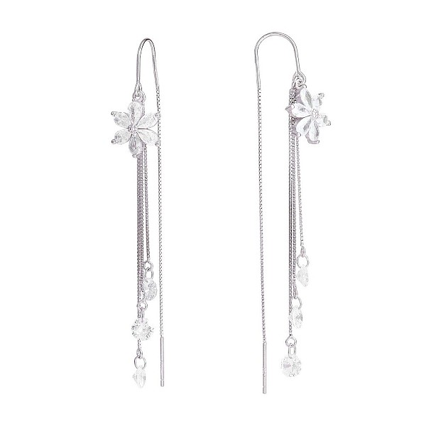 

PandaHall Clear Cubic Zirconia Flower with Chain Tassel Dangle Earrings, Rhodium Plated 925 Sterling Silver Long Drop Ear Thread for Women...