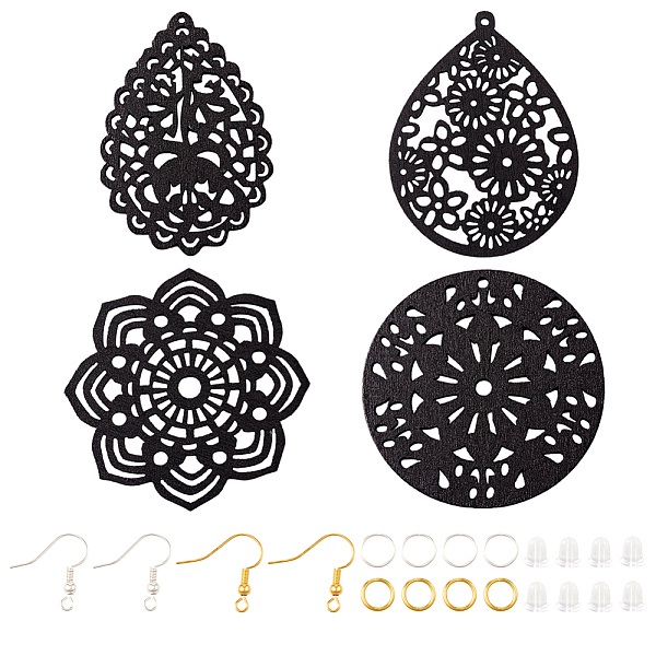 

PandaHall DIY Hollow Earring Making Kit, Inlcuding Teardrop & Flower Wood Pendants, Brass Earring Hooks & Jump Rings, Black, 56Pcs/box Wood...