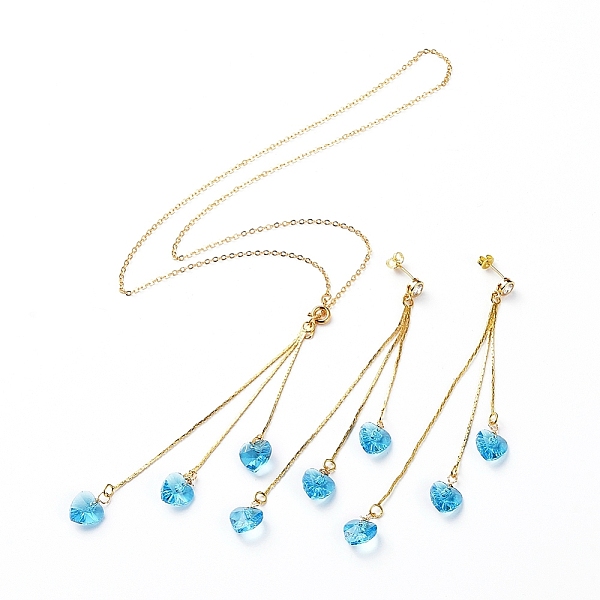 

PandaHall Stud Earrings & Pendant Necklaces Sets, with Heart Glass Charms, Brass Chain Chandelier Components Links & Cable Chains & Stud..., Blue