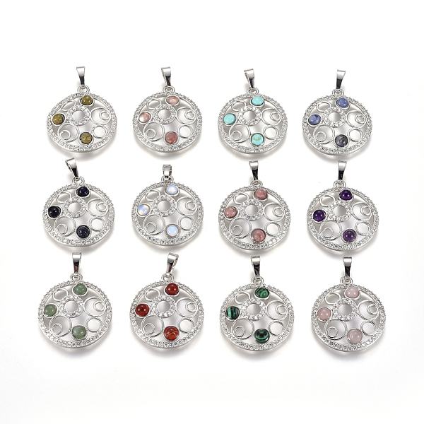 

PandaHall Natural & Synthetic Mixed Gemstone Pendants, with Platinum Tone Brass Findings and Crystal Rhinestone, Flat Round, 29x25.5x4.5mm..., Clear