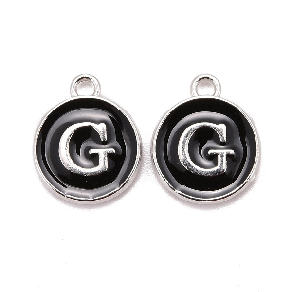

PandaHall Platinum Plated Alloy Charms, Cadmium Free & Lead Free, with Enamel, Enamelled Sequins, Flat Round with Letter, Letter.G..., Black