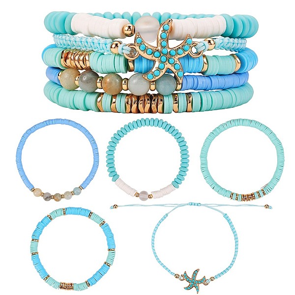 

PandaHall Round Stone & Polymer Clay Heishi Beads Stretch Bracelets Sets, Starfish Stackable Preppy Bracelets for Women, Aquamarine, Inner..., Green