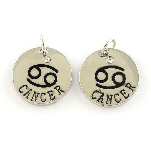 

PandaHall Alloy Pendants, with Rhinestone, Flat Round, with Constellation/Zodiac Sign, Platinum, Cancer, 22x2.5mm, Hole: 5.5mm..., Clear
