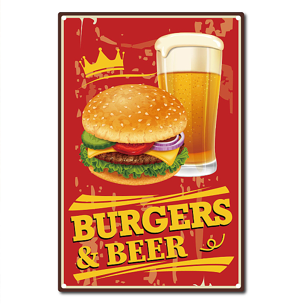 CREATCABIN Burgers Beer Metal Sign Hamburger Sign Retro Vintage Bar Tin Signs For Snackery Restaurant Home Decoration