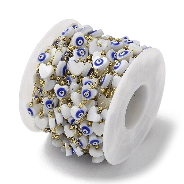 

PandaHall Ion Plating(IP) 316 Stainless Steel Satellite Chains, with Heart with Evil Eye Natural White Shell Enamel Beaded, with Spool...