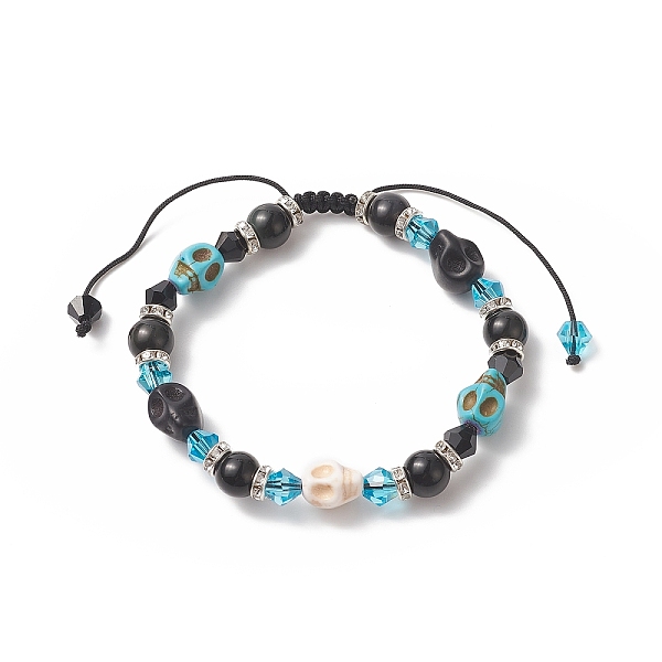 

PandaHall Synthetic Turquoise(Dyed) Skull Braided Beaded Bracelets, Natural Eyeless Obsidian Round & Glass Bicone Beaded Adjustable Bracelet...