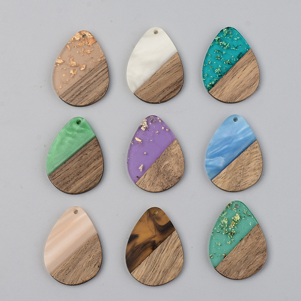 

PandaHall Resin & Walnut Wood Pendants, Teardrop, Mixed Color, 35.5x26x3mm, Hole: 2mm Resin+Wood Teardrop Multicolor