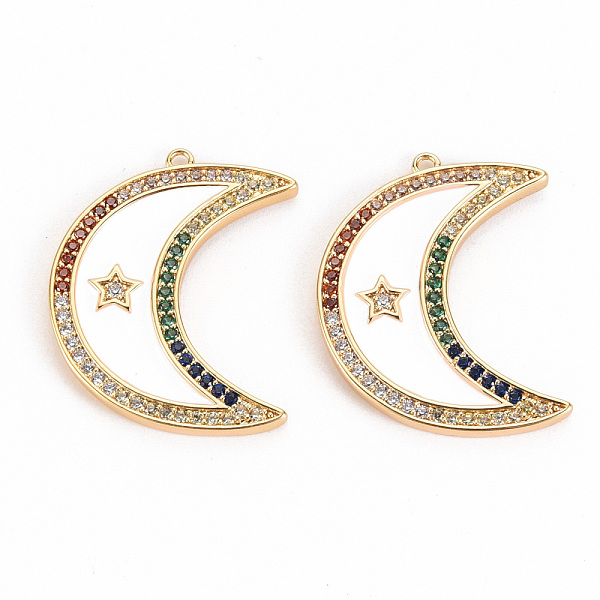 

PandaHall Brass Micro Pave Colorful Cubic Zirconia Pendants, with Enamel, Nickel Free, Real 18K Gold Plated, Moon, White, 27.5x21.5x2mm...