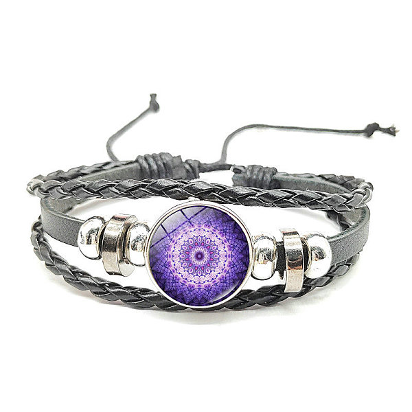 

PandaHall PU Leather Triple Layer Multi-strand Bracelet, Alloy Glass Mandala Links Adjustable Bracelet for Women, Blue Violet, 7-1/8 inch...