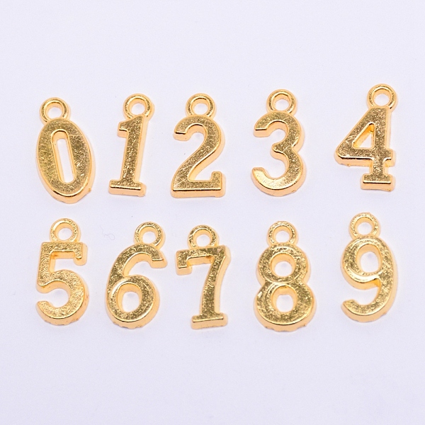 

PandaHall Tibetan Style Alloy Pendants, Cadmium Free & Lead Free, Number 0~9, Golden, 15~15.5x5~8.5x2mm, Hole: 1.8mm, 10pcs/set Alloy Number