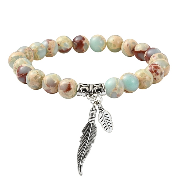 

PandaHall Synthetic Imperial Jasper Round Beaded Stretch Bracelets, with Alloy Feather Charms, Inner Diameter: 2-3/8 inch(6cm) Imperial...