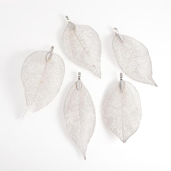 

PandaHall Electroplated Natural Leaf Big Pendants, with Iron Findings, Platinum Plated, 70~100x30~50x1mm, Hole: 3x6mm Iron Leaf
