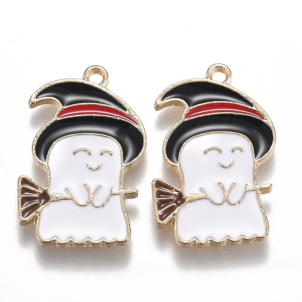 

PandaHall Halloween Theme Alloy Enamel Pendants, White Ghost with Black Witch Hat and Broom, Light Gold, 22.5x14.5x1.5mm, Hole: 1.6mm...