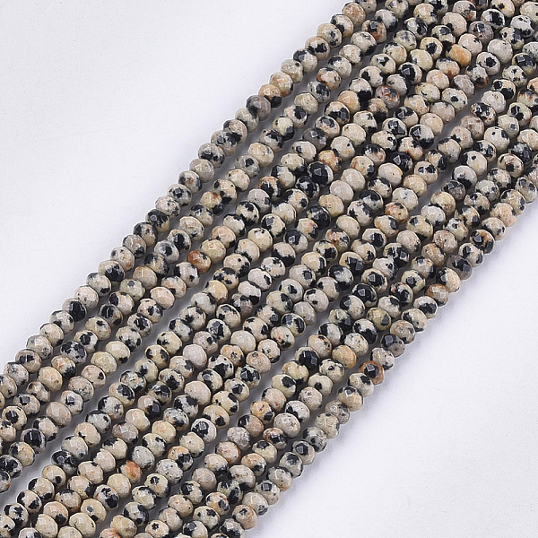 

PandaHall Natural Dalmatian Jasper Beads Strands, Faceted, Rondelle, 3.5~4x2.5~3mm, Hole: 1mm, about 120~122pcs/strand, 14.7~15.1 inch...