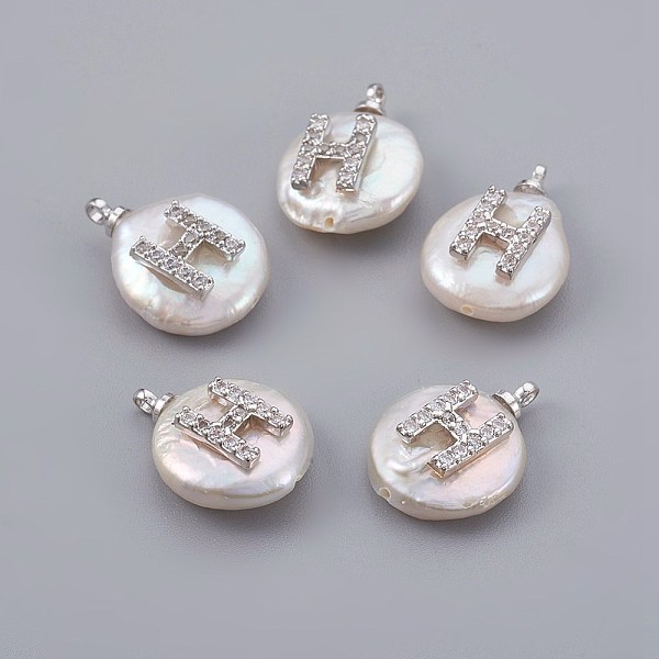 

PandaHall Natural Cultured Freshwater Pearl Pendants, with Micro Pave Cubic Zirconia, Brass Findings, Long-Lasting Plated, Letter, Real 18K..., Clear