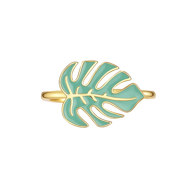 

PandaHall SHEGRACE Adjustable 925 Sterling Silver Finger Rings, with Enamel, Tropical Theme, Monstera Leaf, Real 14K Gold Plated, Size 7..., Clear