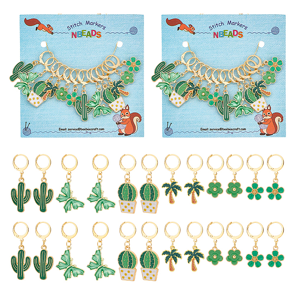 PandaHall 12Pcs 6 Style Cactus & Flower & Coconut Tree & Butterfly Locking Stitch Markers, Alloy Enamel Charm Stitch Marker with 304...