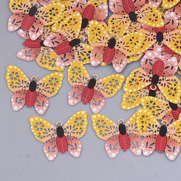 

PandaHall Printed Brass Pendants, Etched Metal Embellishments, Butterfly, Red, 15.5x19x0.3mm, Hole: 1mm Brass Butterfly Red
