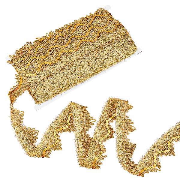 

PandaHall Polyester Ribbons, with Paillettes, Triangle, Gold, 1-5/8 inch(40mm), about 14.22 Yards(13m)/Bag Polyester Gold