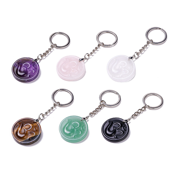 

PandaHall Flat Round with Ohm/Aum Natural Gemstone Pendant Keychain, with Alloy & Brass Findings, 8.9cm Mixed Stone Flat Round