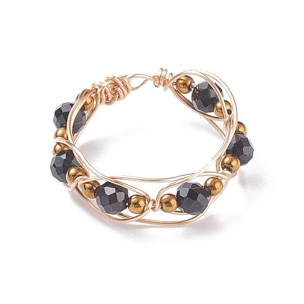

PandaHall Round Natural Spinel Braided Bead Finger Ring with Glass, Copper Wire Wrap Jewelry for Women, Golden, US Size 8 1/2(18.5mm) Spinel
