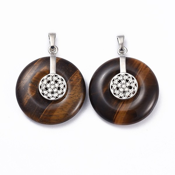 

PandaHall Natural Tiger Eye Pendants, with Platinum Tone Brass Findings, Donut/Pi Disc with Flower, 35.5x30x8.5~9.5mm, Hole: 4.5x6.5mm Tiger..., Brown