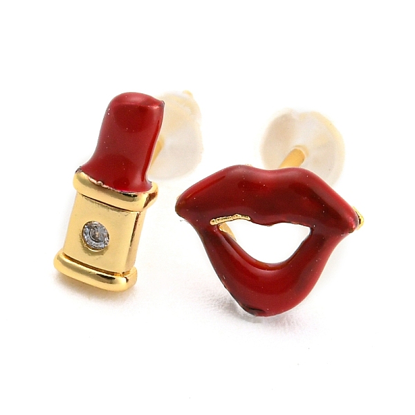 

PandaHall Clear Cubic Zirconia Lip & Lipstick Stud Asymmetrical Earrings, Rack Plating Brass FireBrick Enamel Jewelry for Women..., Red