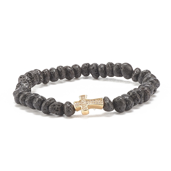 

PandaHall Natural Lava Rock Beaded Stretch Bracelet, Brass Cross Bracelet with Clear Cubic Zirconia for Women, Golden, Inner Diameter: 2...