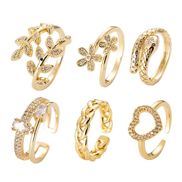 

PandaHall 6Pcs 6 Styles Adjustable Brass Micro Pave Clear Cubic Zirconia Cuff Rings, Open Rings, Long-Lasting Plated, Flower & Leafy...