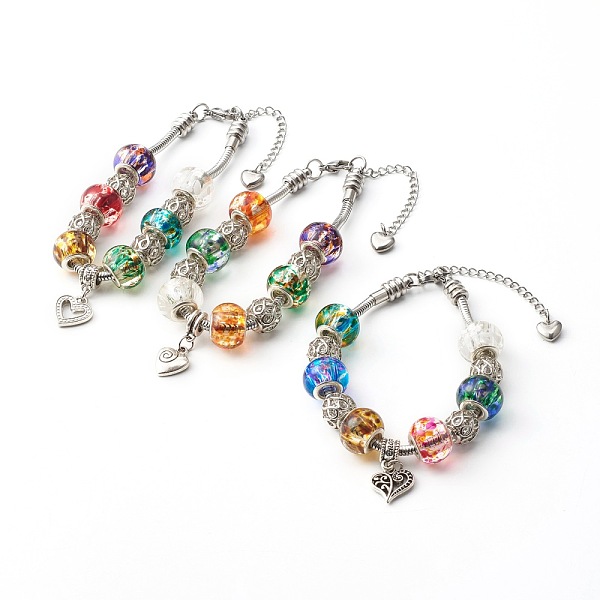 

PandaHall 304 Stainless Steel European Bracelets, with Alloy European Beads and Glass Beads, Heart, Colorful, Antique Silver, 8-1/8 inch...