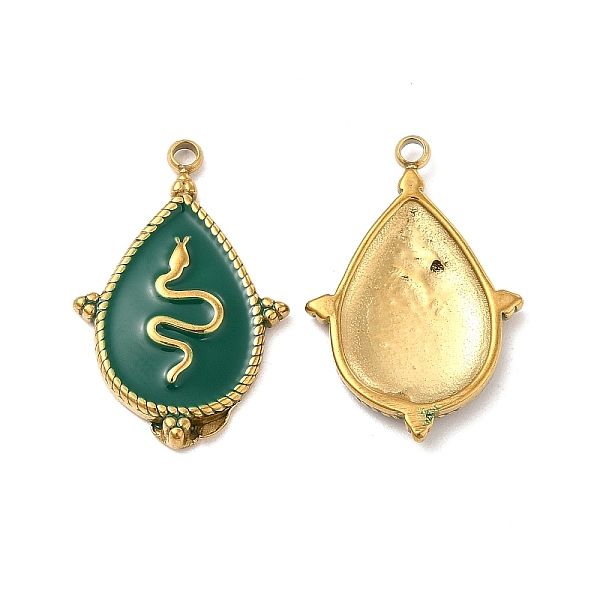 

PandaHall Vacuum Plating 201 Stainless Steel Enamel Pendants, Real 18K Gold Plated, Teardrop with Snake Pattern Charm, Dark Green...