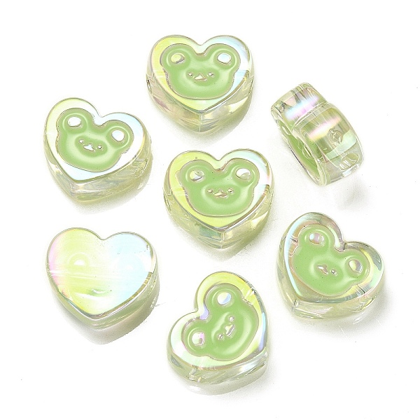 

PandaHall UV Plating Rainbow Iridescent Acrylic Enamel Beads, Heart with Bear Pattern, Lawn Green, 17.5x20x9mm, Hole: 3.5mm Acrylic Heart