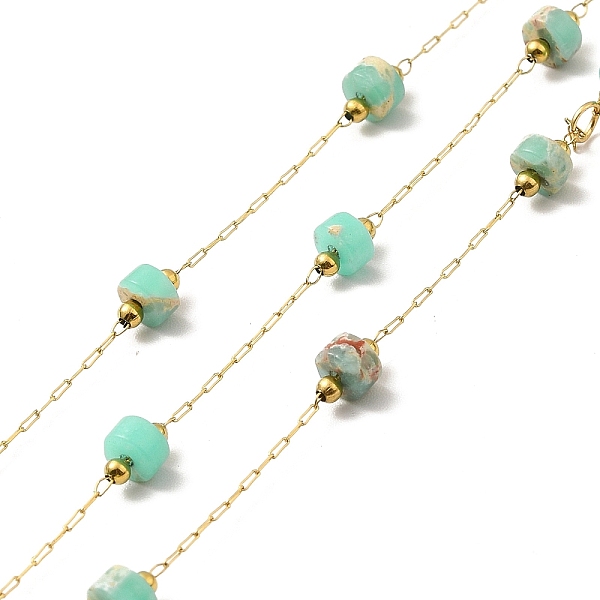

PandaHall Ion Plating(IP) 316 Surgical Stainless Steel Paperclip Chains, with Natural Imperial Jasper Column Beads, Soldered, Real 18K Gold...