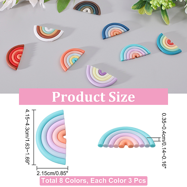 

PandaHall CHGCRAFT 24Pcs 8 Colors Handmade Polymer Clay Rainbow Cabochons, Half Round/Semi Circle, Mixed Color, 21.5x41.5~43x3.5~4mm..., Multicolor